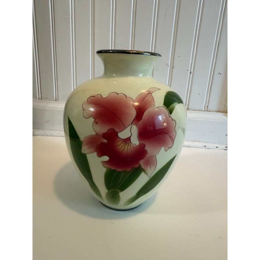 Vintage Japan 7" Hand Painted Vase Peony Iris Flowers Porcelain Silver Tone Trim
